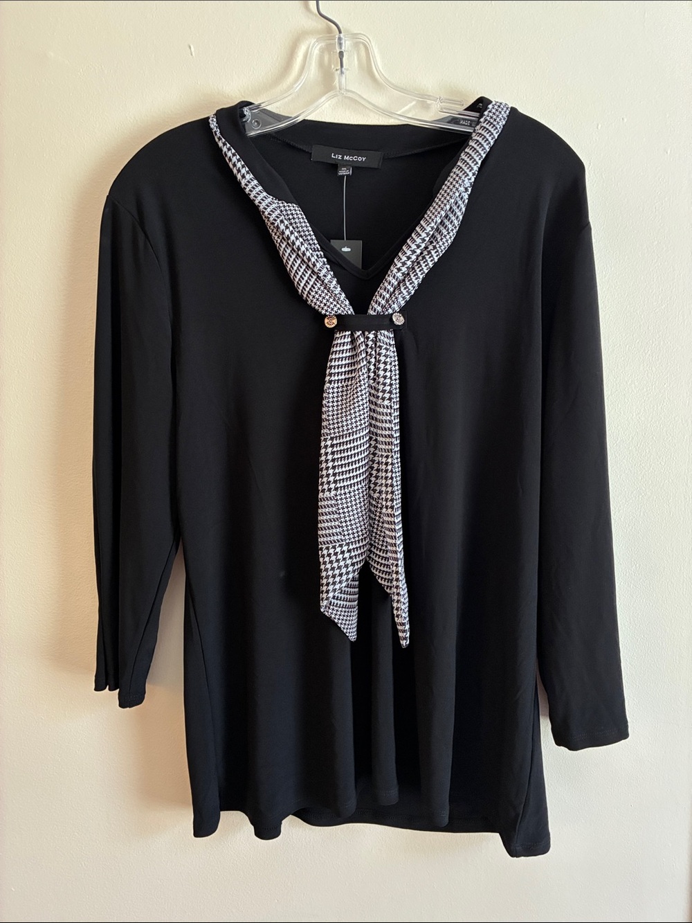 Liz McCoy Black Long Sleeve Top with Houndstooth Tie Detail